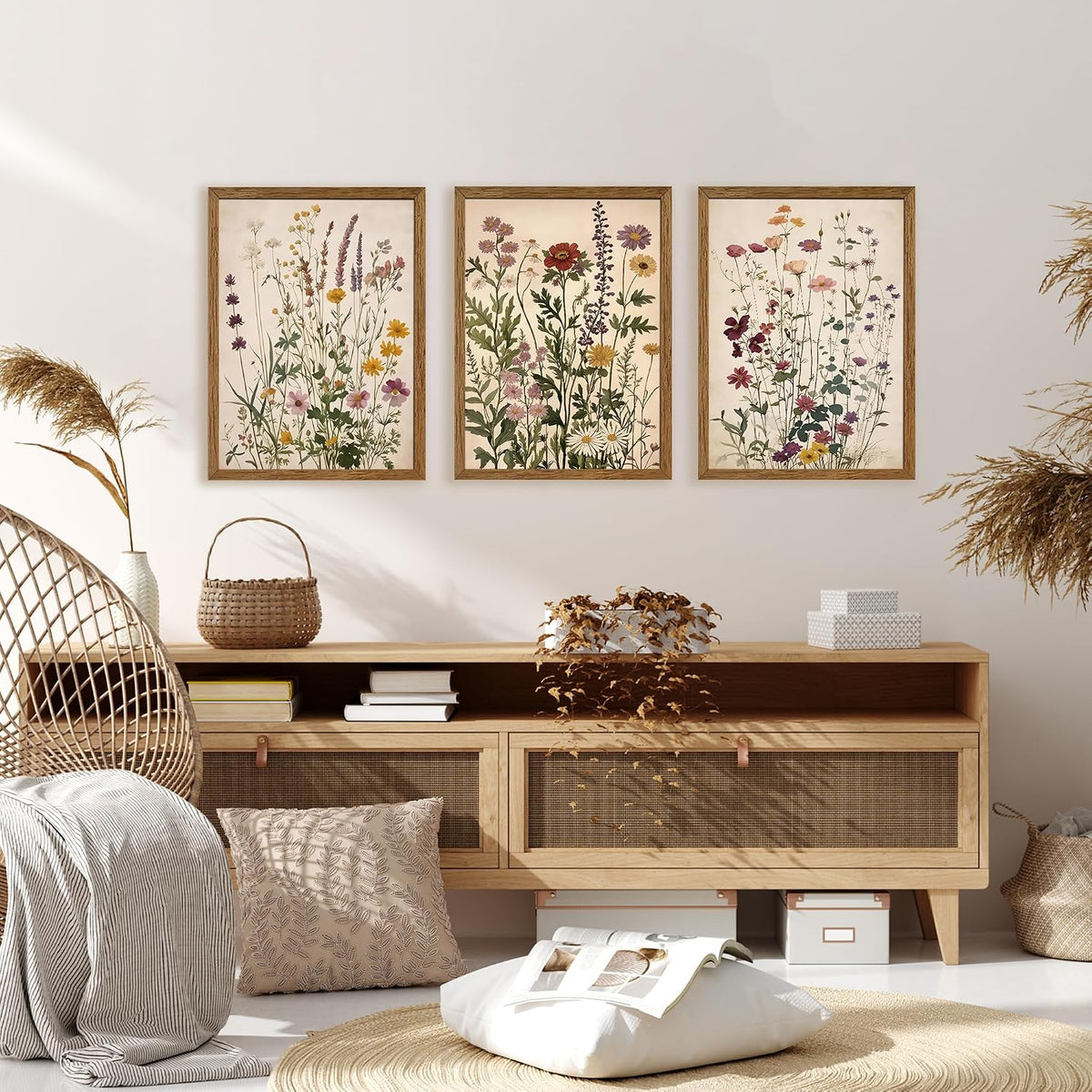 AVECCO 3 Piece Vintage Wildflower Botanical Framed Canvas Wall Art 12x16 in