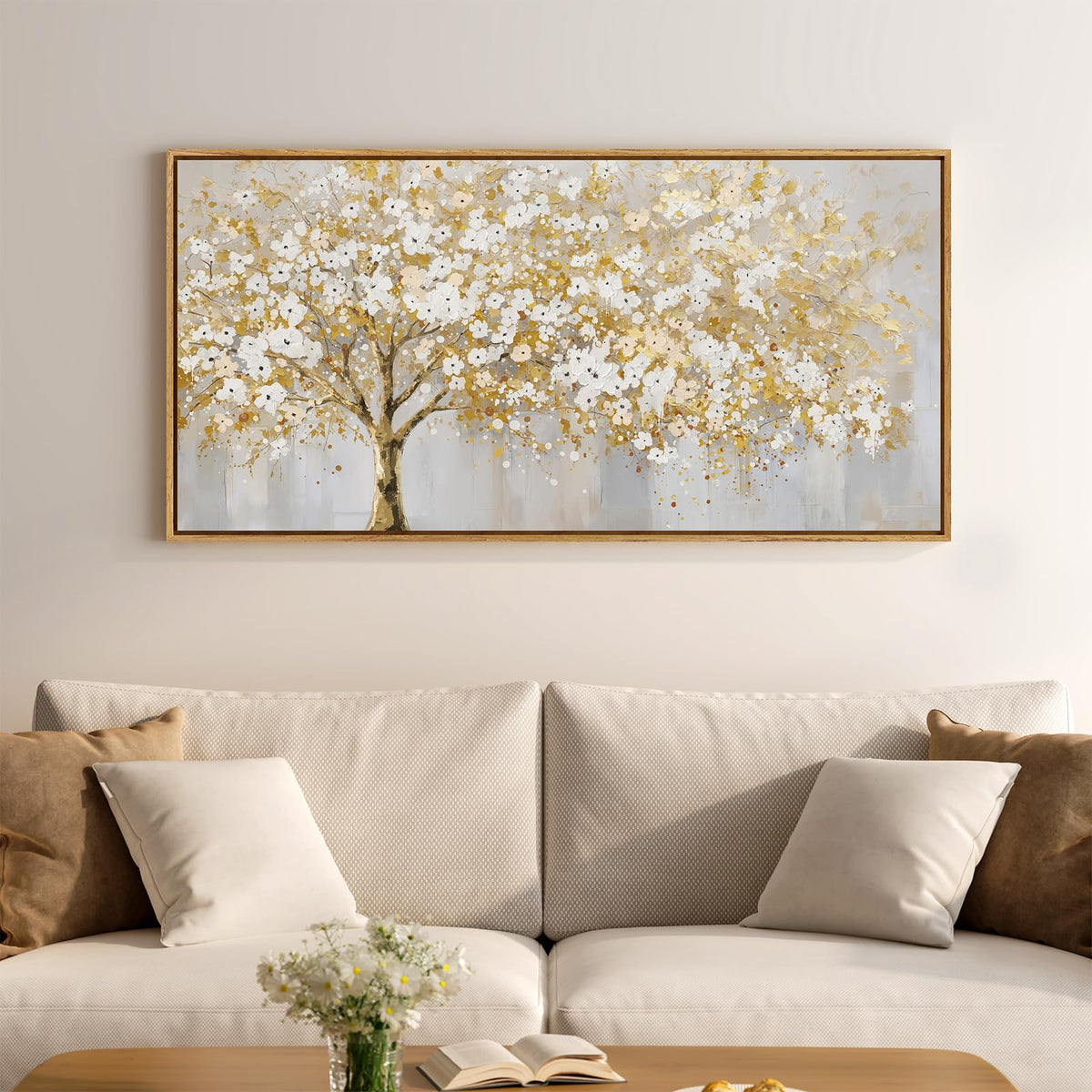 Framed Vintage Neutral Tree of Life Wall Art for Living Room, 20x40 In
