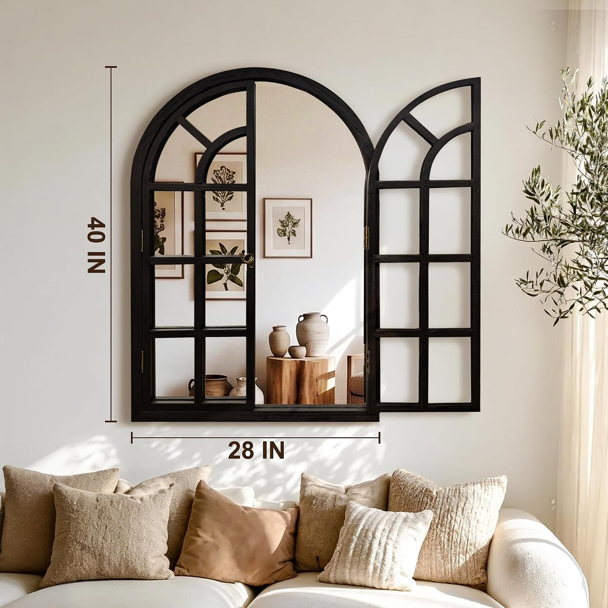 Arched Wood Mirror for Wall, 28" x 40" Rustic Farmhouse Mirror, Black