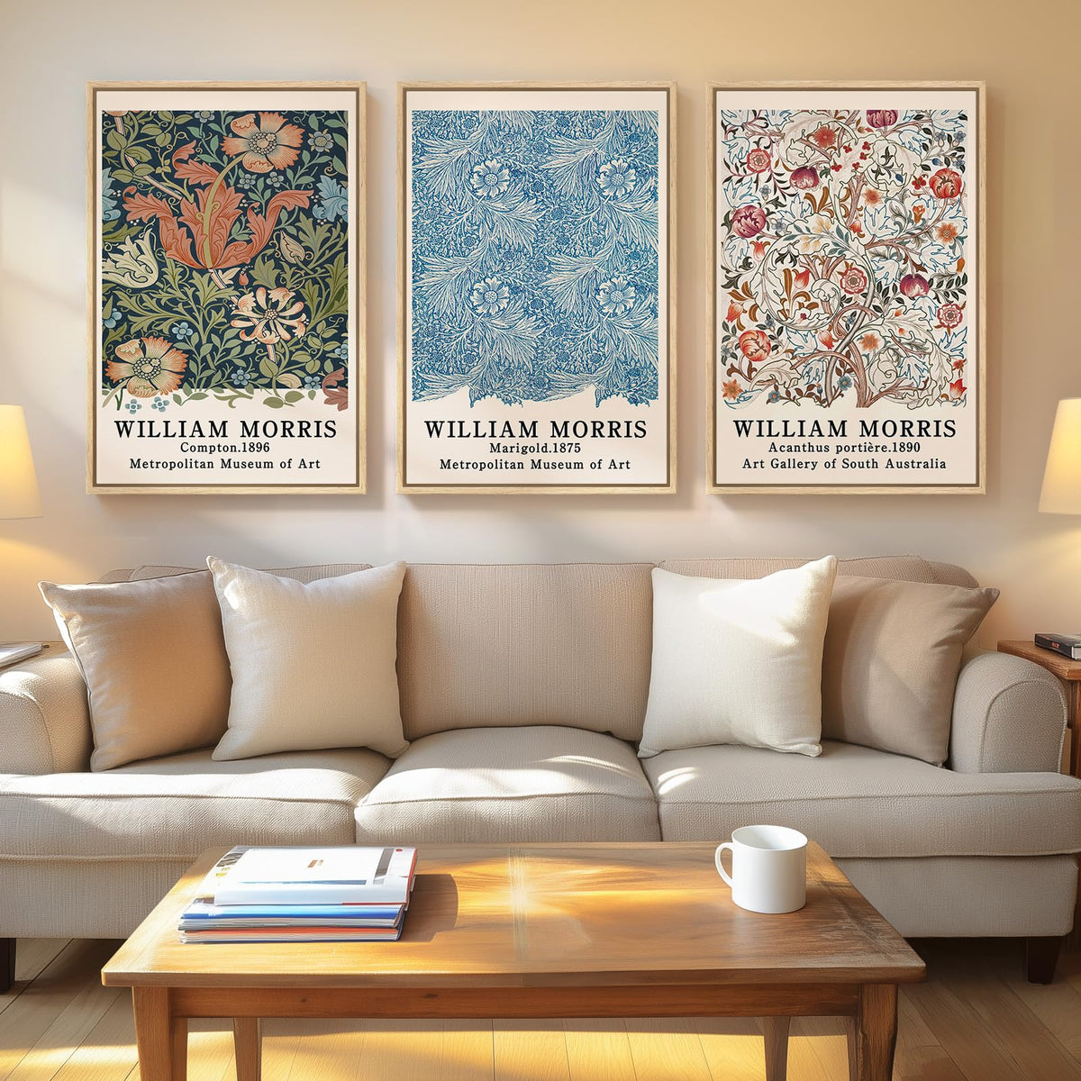 Framed Vintage William Morris Boho Canvas Wall Art for Living Room, 3 Piece
