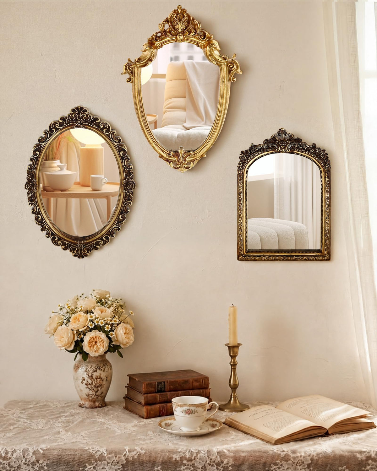Wonderjune 3 Pcs Vintage Gold Wall Mirror Set, Classic Style