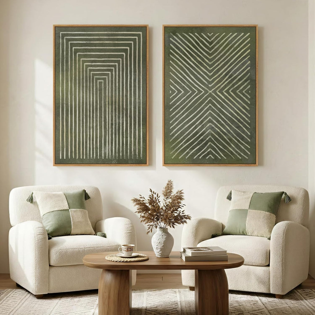 Large Framed Green Abstract Wall Art for Living Room Set of 2, 24x36 In
