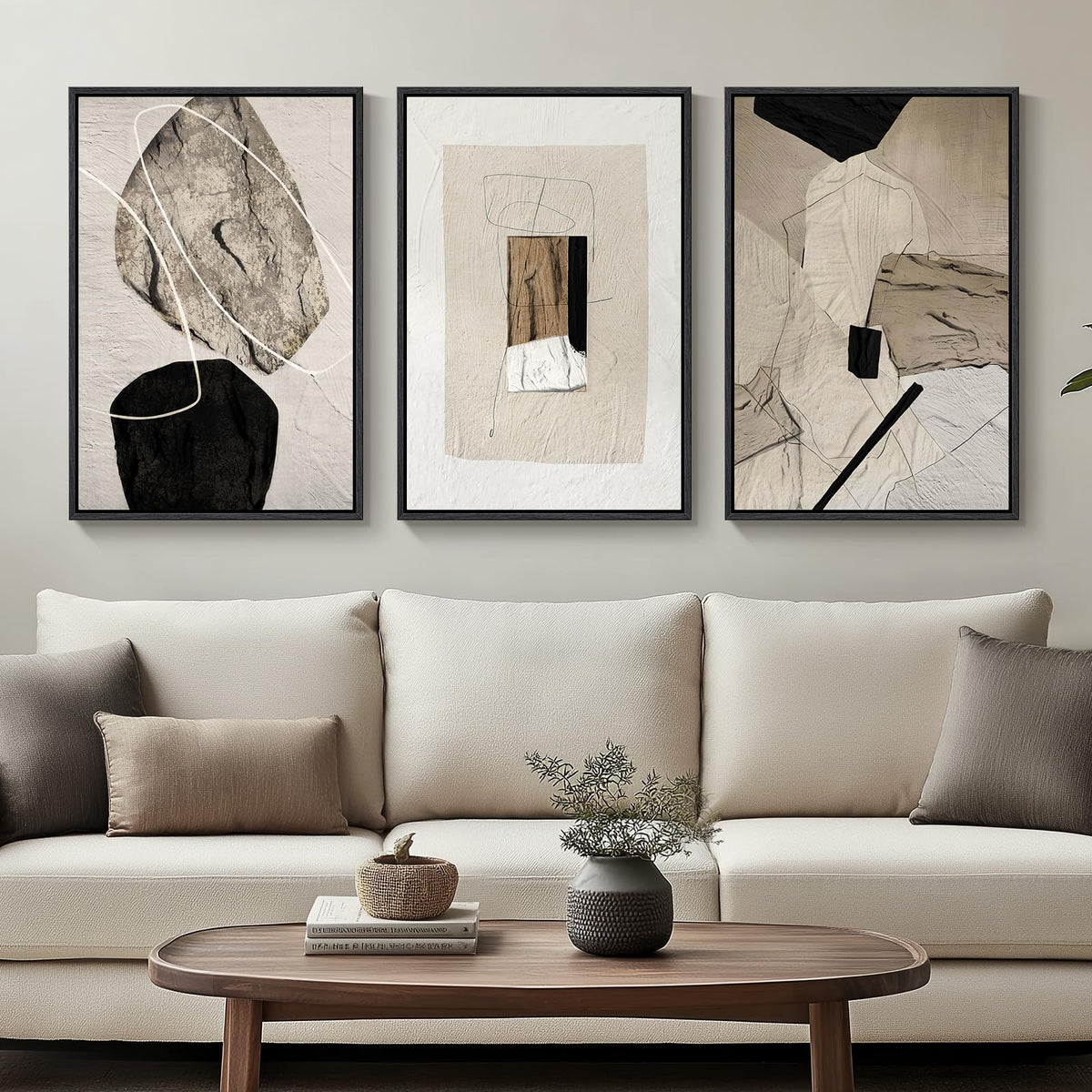 Framed Modern Rustic Neutral Abstract Wall Art, 3 Piece Set, Each 16x24 In