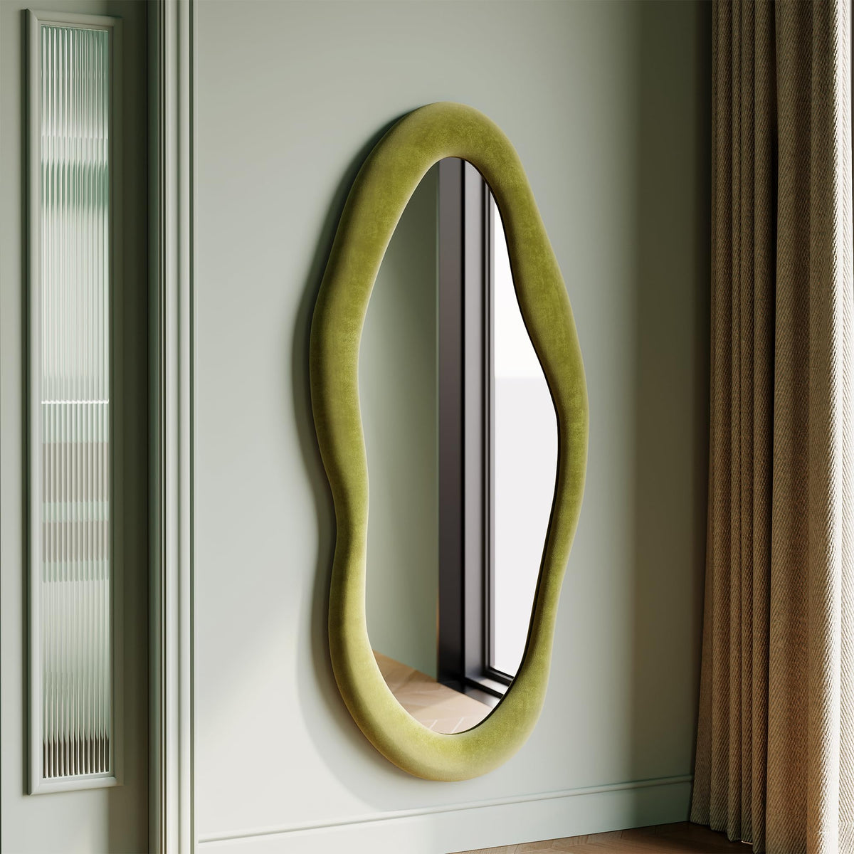 Honyee 55" x 24" Wall Mirror, Flannel Wrapped Wooden Frame Wavy Mirror, Irregular Mirror Hanging for Cloakroom/Bedroom/Living Room, Ivory White
