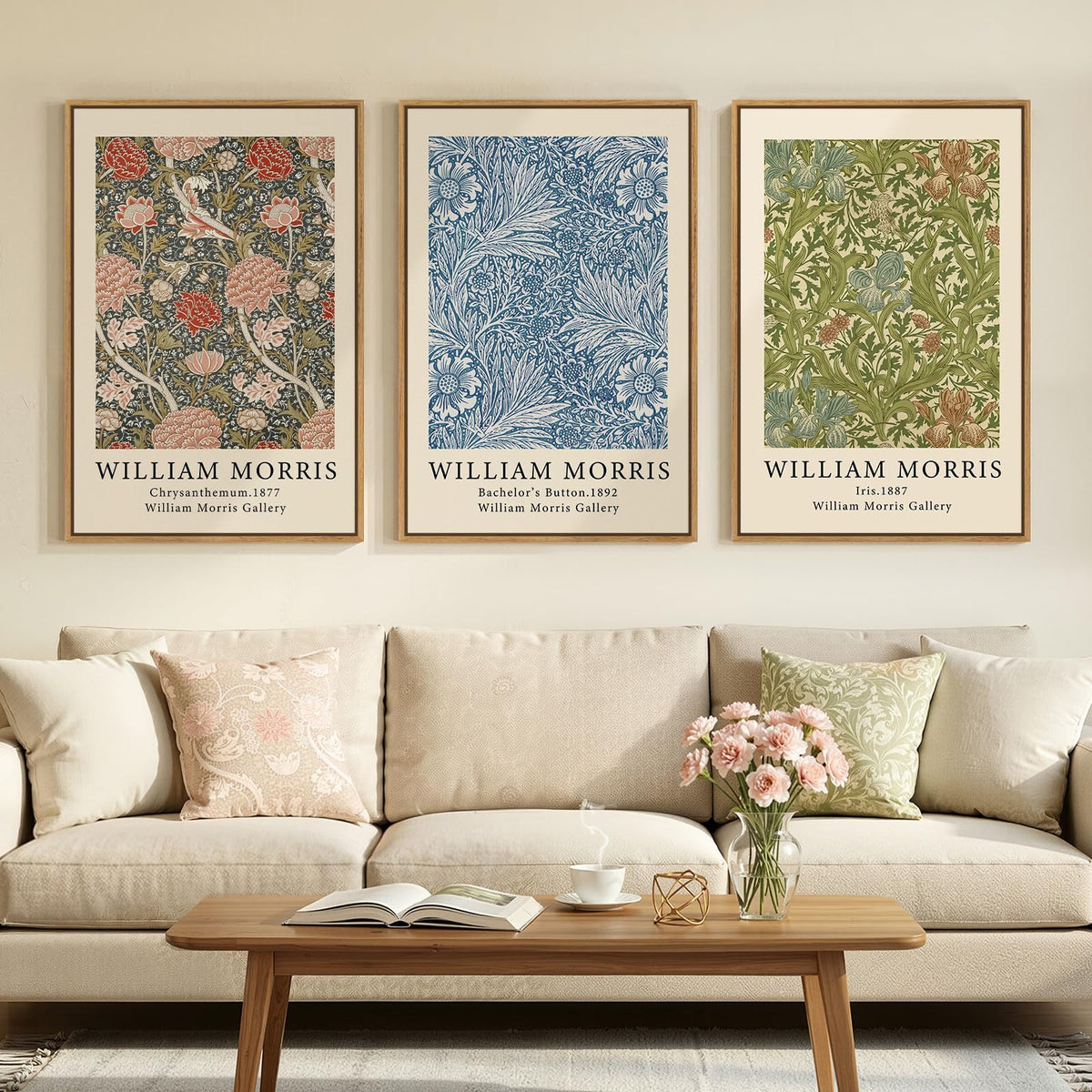 Framed Vintage William Morris Boho Canvas Wall Art for Living Room, 3 Piece