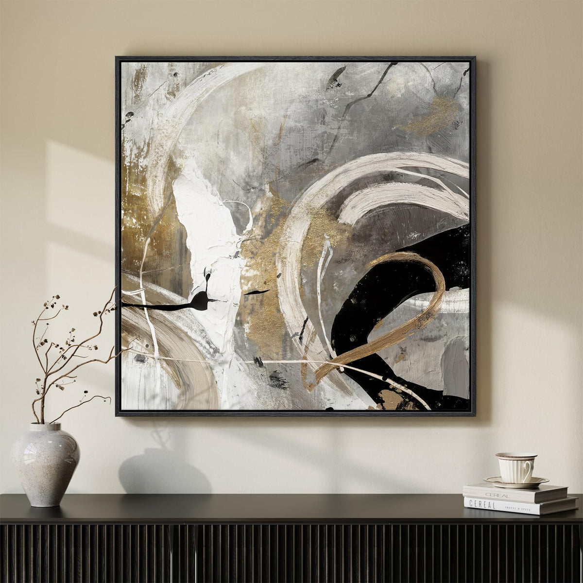 Framed Neutral Organic Abstract Canvas Wall Art for Dining Room, 30x30 Inch
