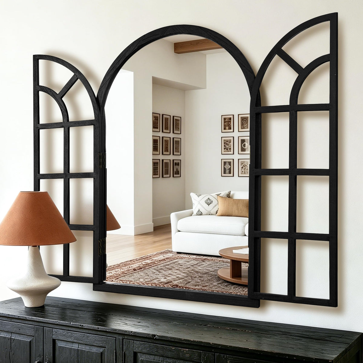 Arched Wood Mirror for Wall, 28" x 40" Rustic Farmhouse Mirror, Black