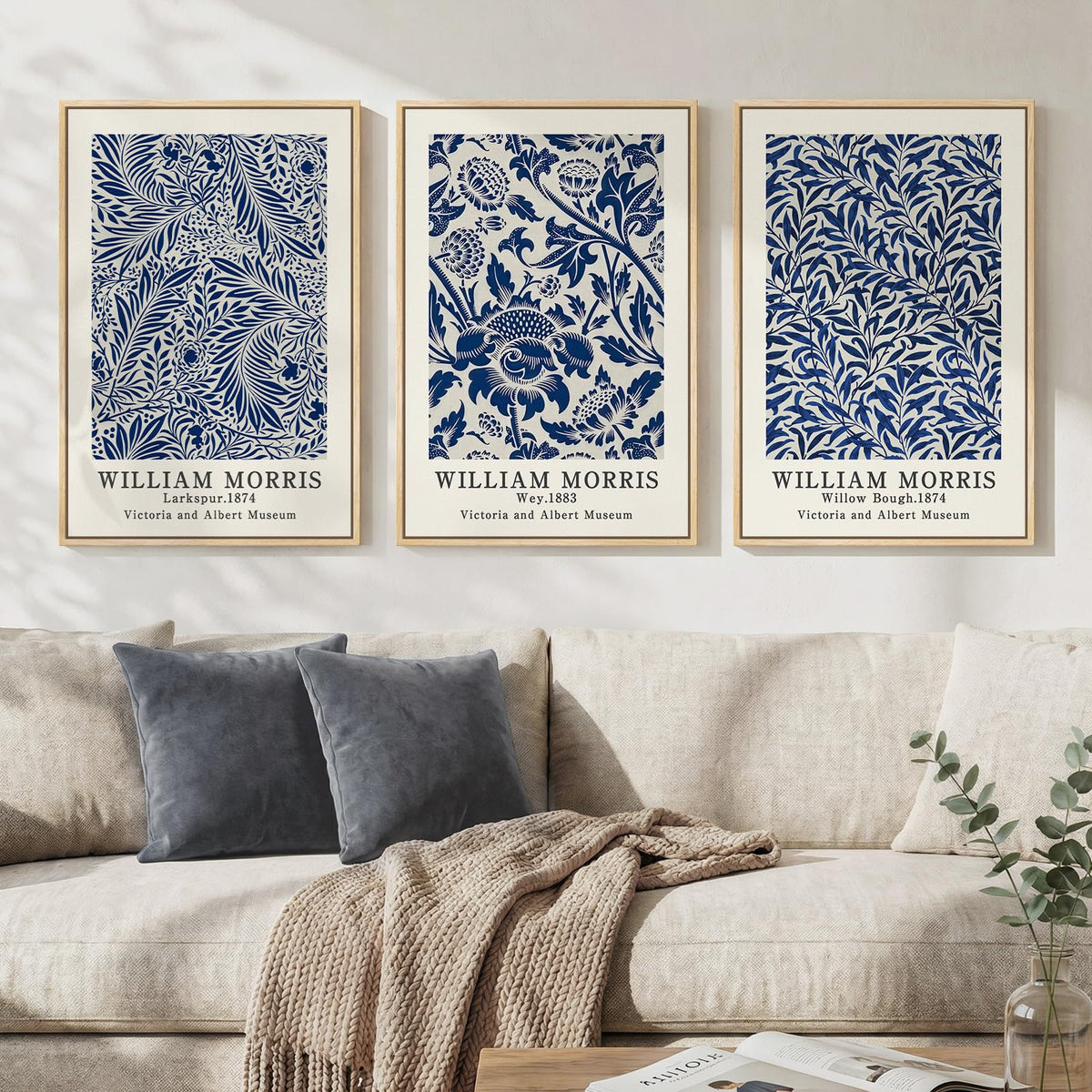Framed Vintage William Morris Boho Canvas Wall Art for Living Room, 3 Piece