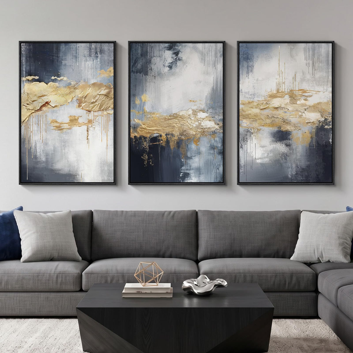 Large Framed Blue and Gray Abstract Wall Art for Living Room, 3 Piece 24x36