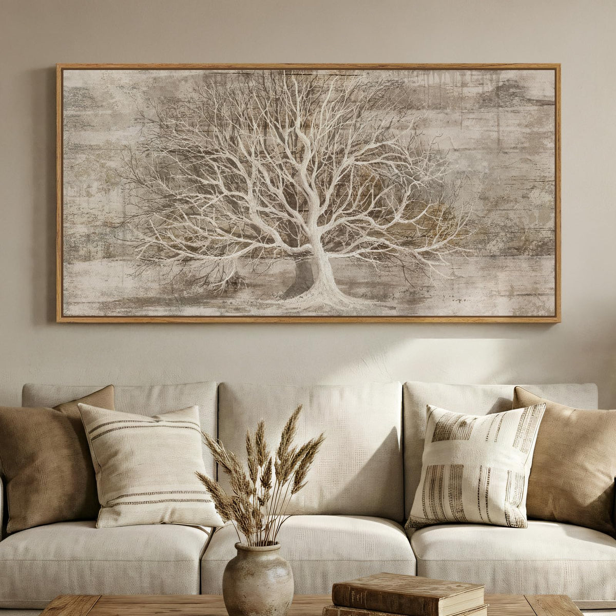 Framed Vintage Neutral Tree of Life Wall Art for Living Room, 20x40 In