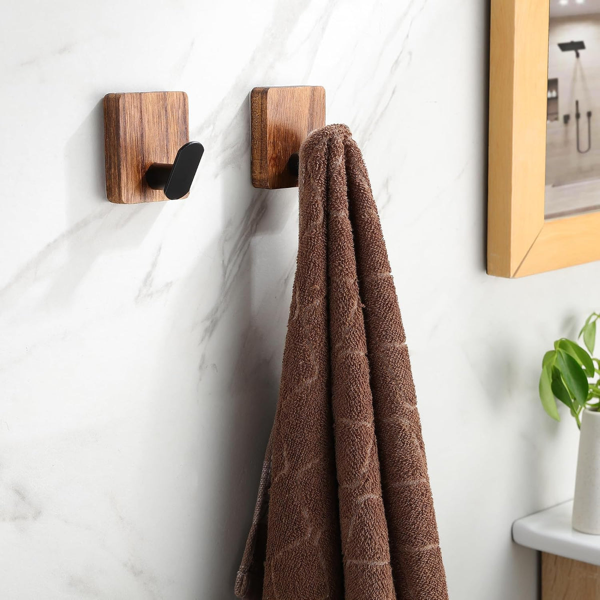 DELITON Towel Hooks for Bathrooms, Wood Decorative Adhesive Hanging Hook