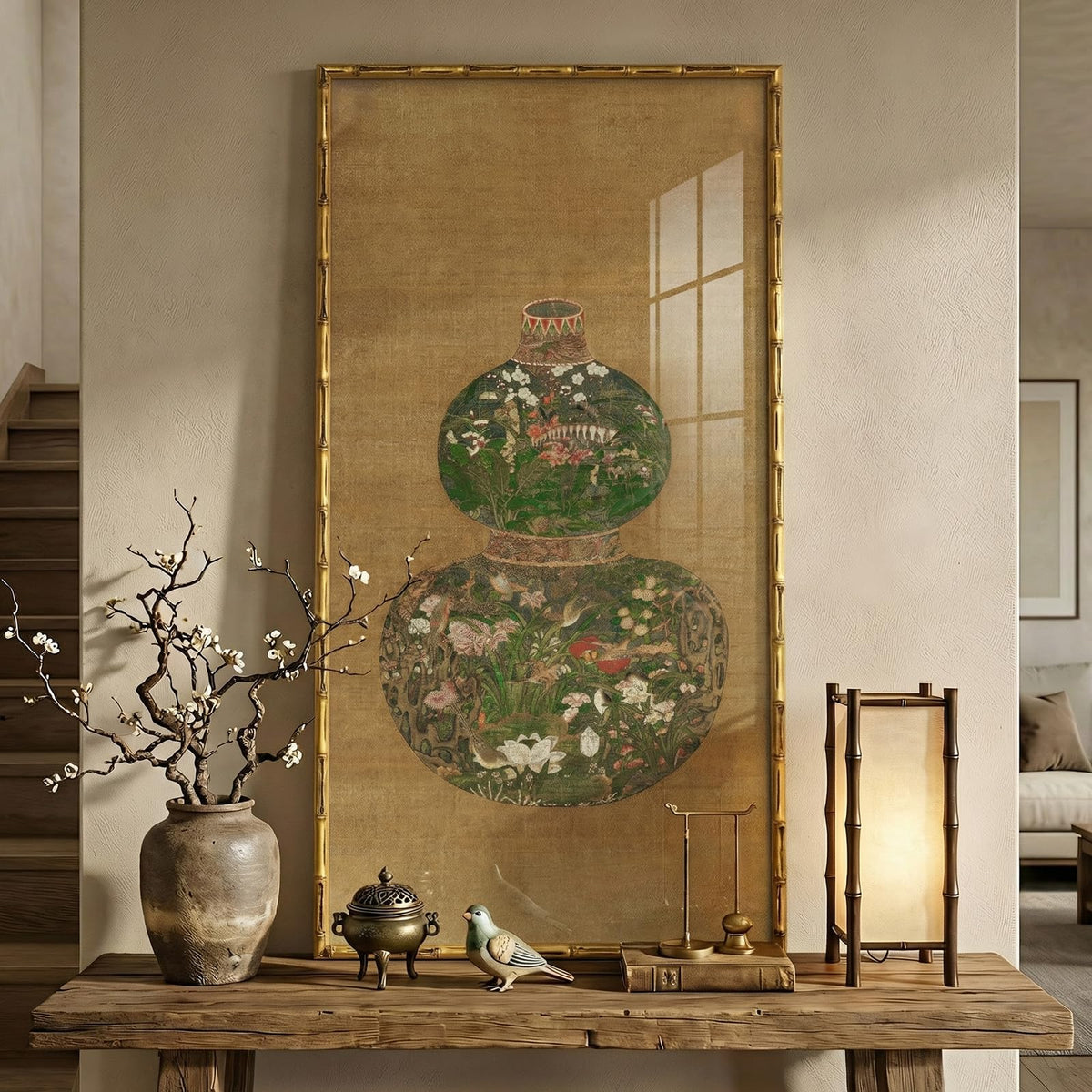 Vintage Gold Framed Chinoiserie Vertical Wall Art for Living Room, 20x40 In