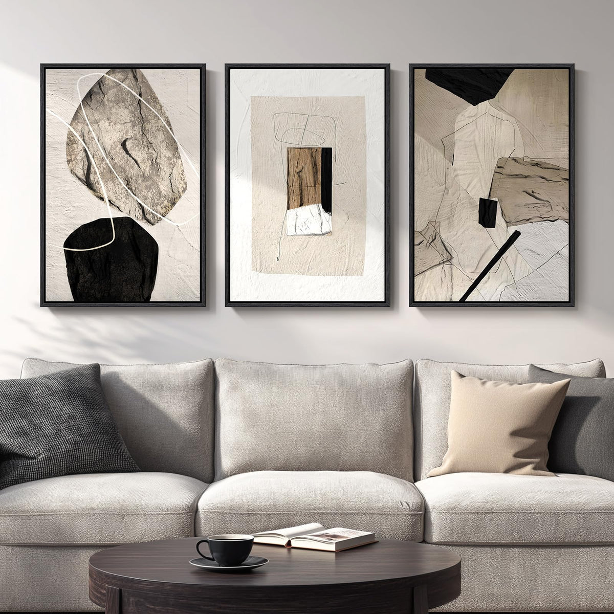 Framed Modern Rustic Neutral Abstract Wall Art, 3 Piece Set, Each 16x24 In