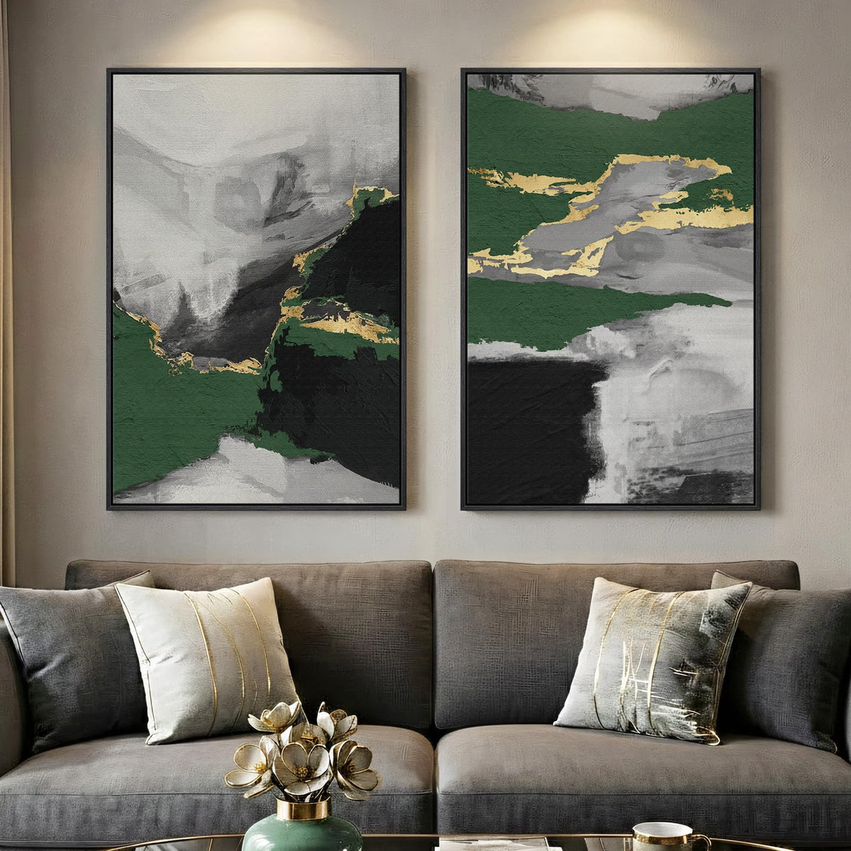 Large Framed Green Abstract Wall Art for Living Room Set of 2, 24x36 In
