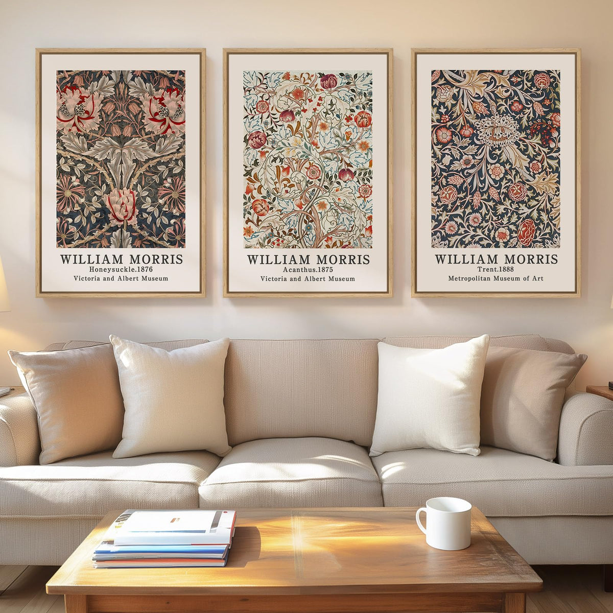 Framed Vintage William Morris Boho Canvas Wall Art for Living Room, 3 Piece