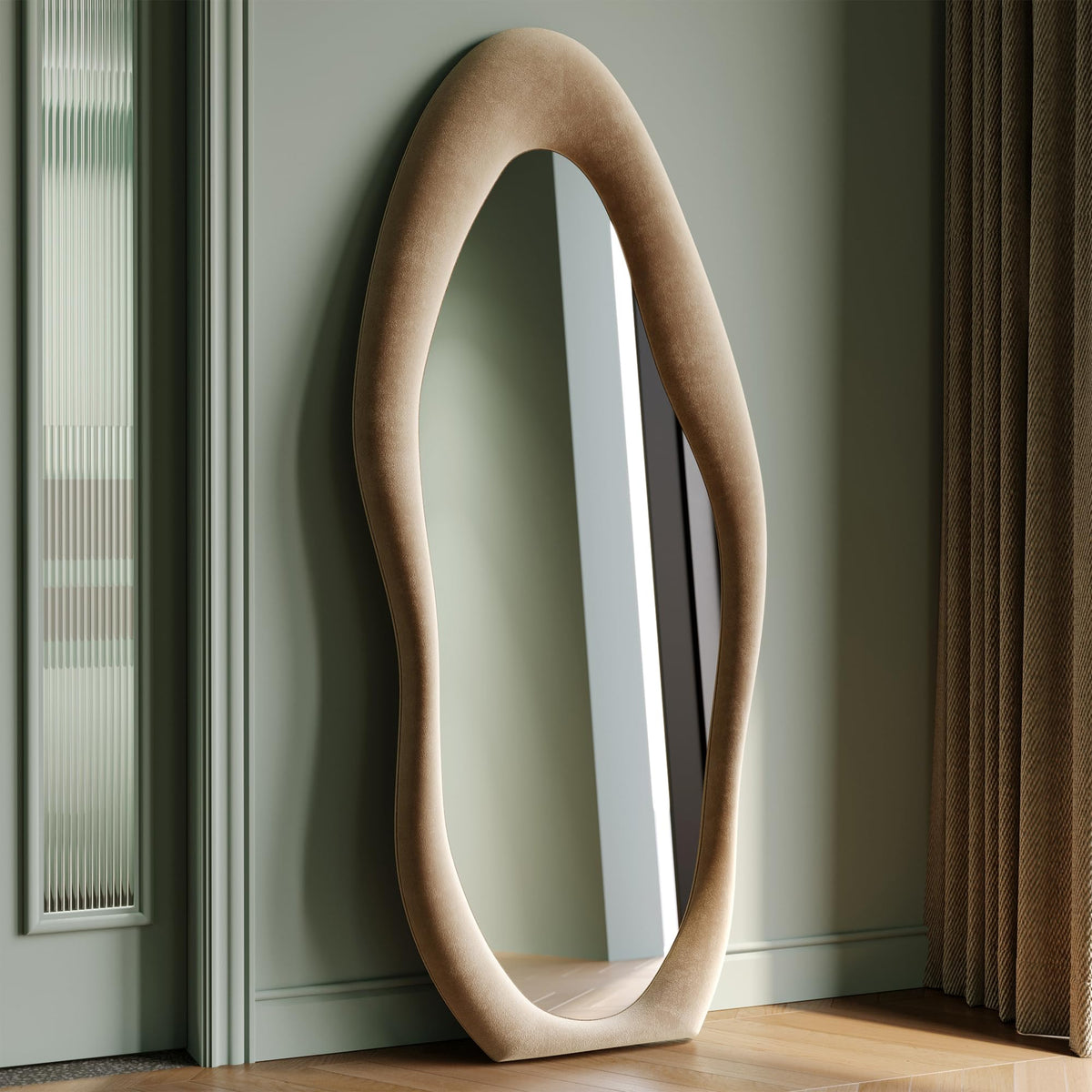 Honyee 55" x 24" Wall Mirror, Flannel Wrapped Wooden Frame Wavy Mirror, Irregular Mirror Hanging for Cloakroom/Bedroom/Living Room, Ivory White