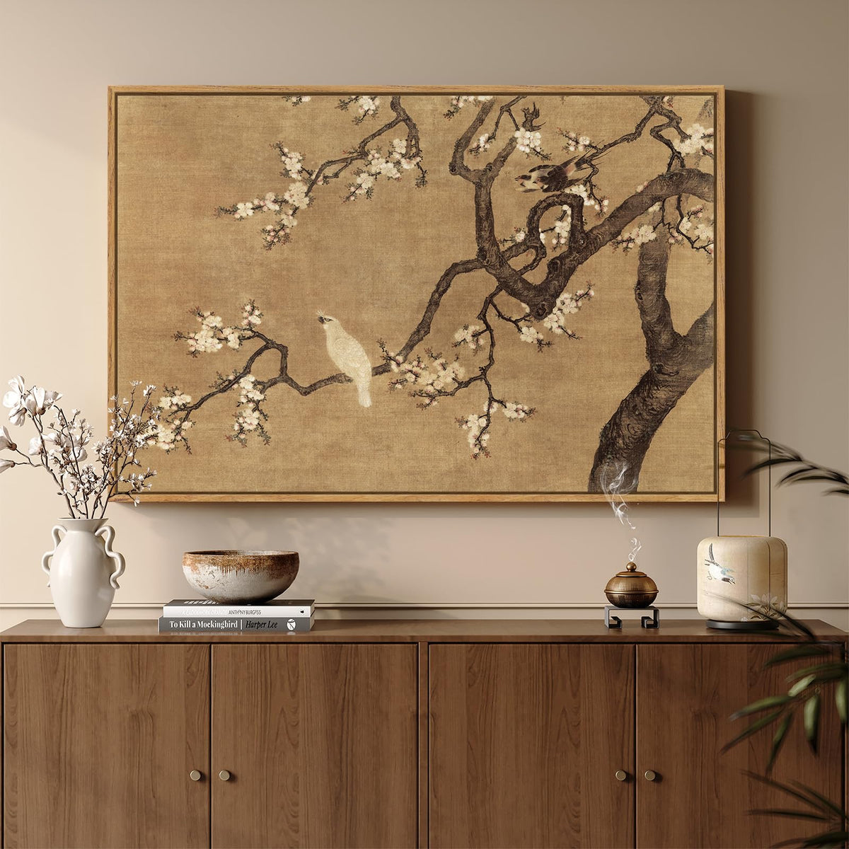 Framed Vintage Neutral Rustic Botanical Bird Chinoiserie wall art, 24x36 In