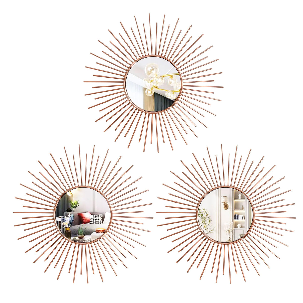 3 Pack Metal Mirrors for Wall Gold Sunburst Wall Mirror Home Decor Accent
