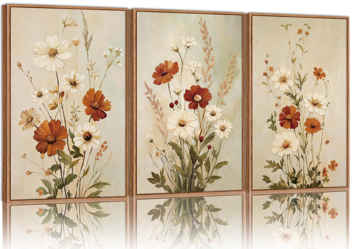 SIGNINART Orange Floral Framed Canvas Wall Art Set of 3, Mid Century Modern Flower Wall Decor, Neutral Plant Artwork, Boho Botanical Art Prints for Bedroom Living Room Office 16"x24"x3