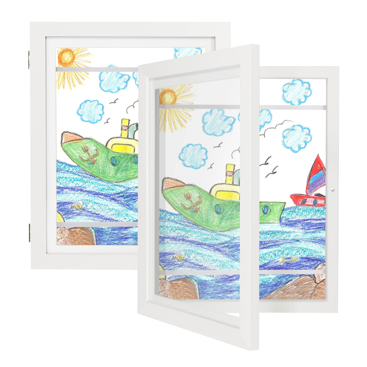 iRahmen Kids Art Frames 8.5x11 Set of 2 - Front Opening Childrens Picture Frame Changeable, Wood Artwork Display Storage for Wall Mount, Magnetic Door Holds 50 Art Pieces for Drawings, 3D Picture, Crafts, Portfolio, Brown