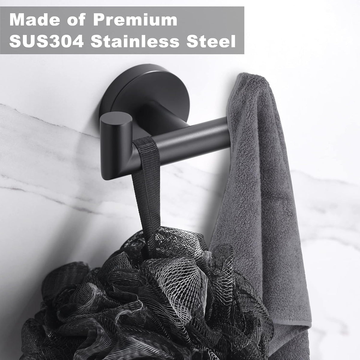 Towel Hooks for Bathrooms,Towel Hook for Kitchen Bathroom,SUS304 Stainless Steel Coat Hook,Heavy Duty Double Holder Robe Hooks for Hanging Towels,Coats,Sponges,Clothes,Wall Mount,Matte Black,2 Pack