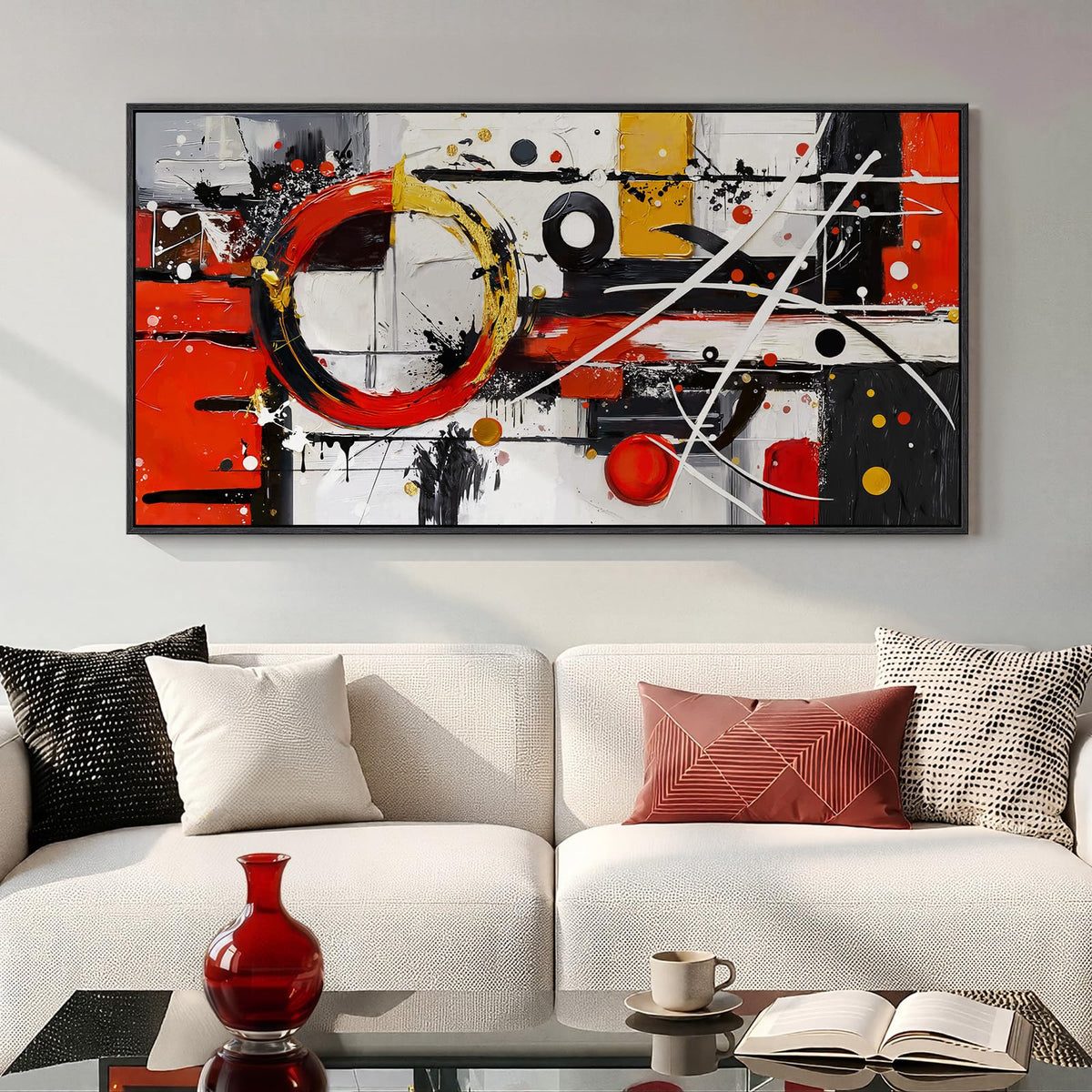 Large Framed Neutral Abstract Wall Art for Living Room, Horizontal 30x60 In