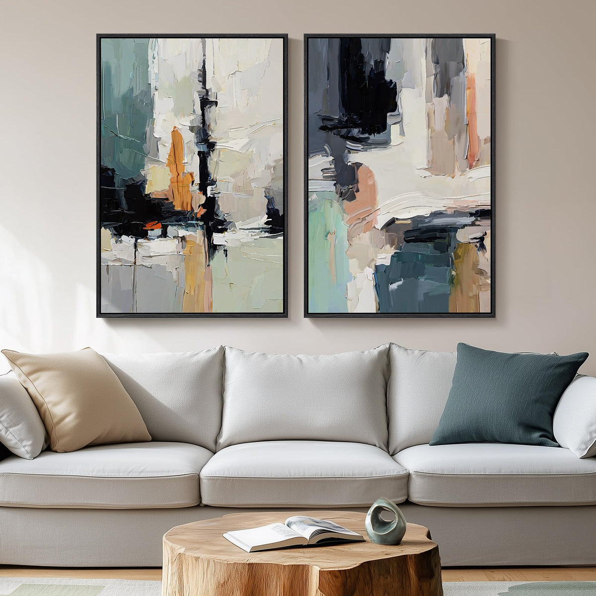 Large Framed Green Abstract Wall Art for Living Room Set of 2, 24x36 In