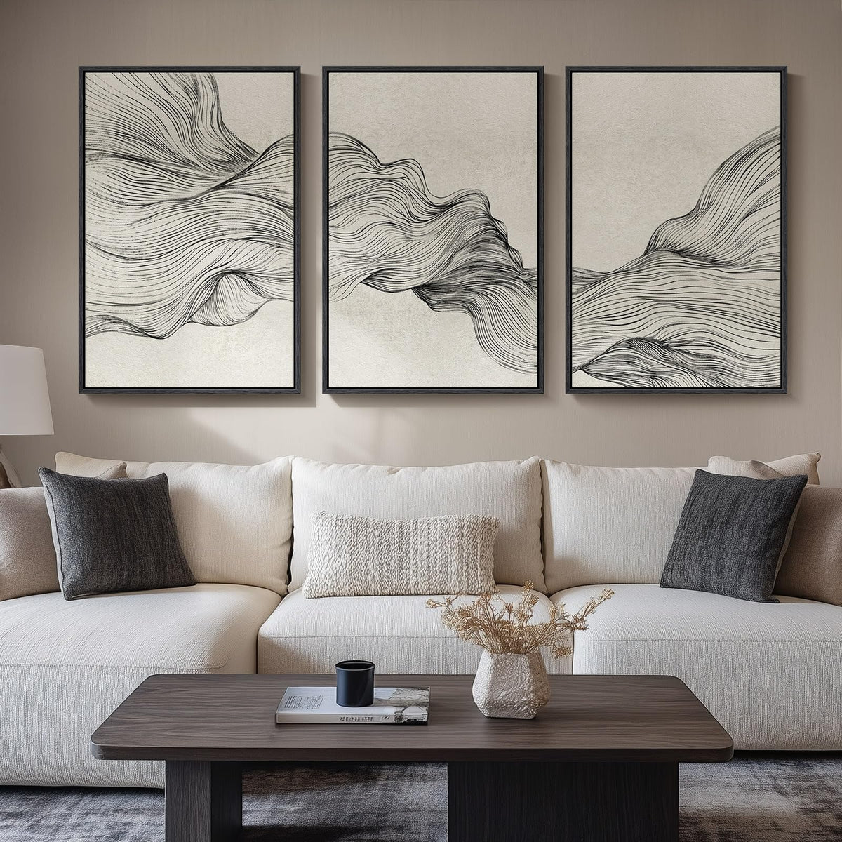 Large Framed Blue and Gray Abstract Wall Art for Living Room, 3 Piece 24x36