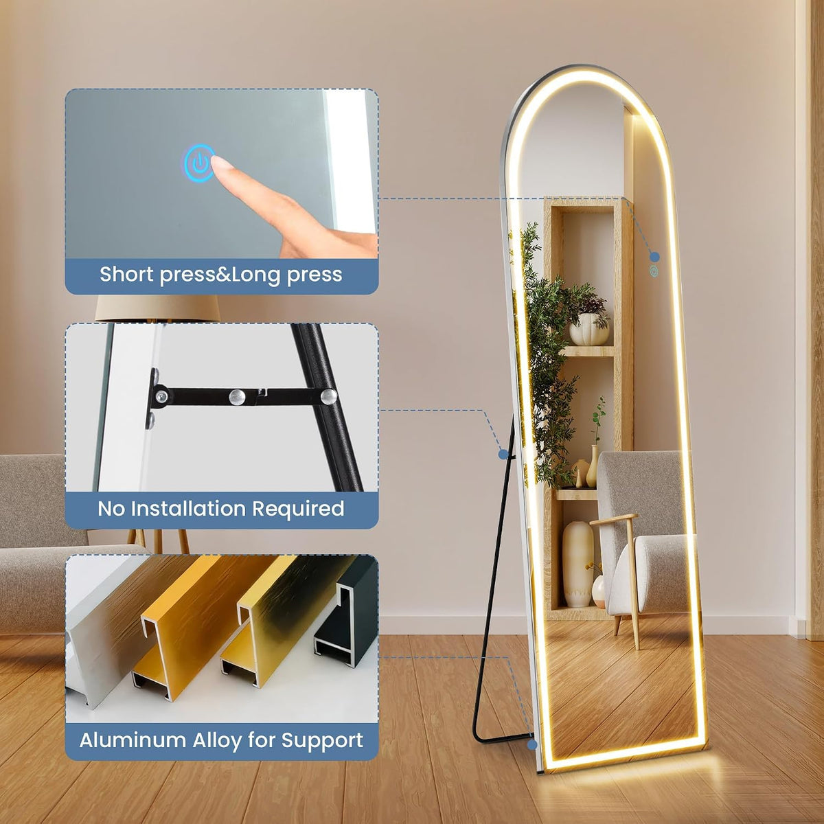 DUMOS Arched LED Mirror Full Length Standing, 16"x60" Full Body Wall Mirror