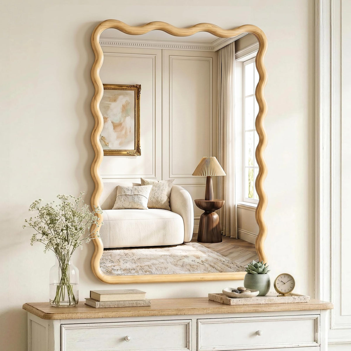 FICTOR Round Wood Wall Mirror, 36" Boho Wavy Circle Mirror