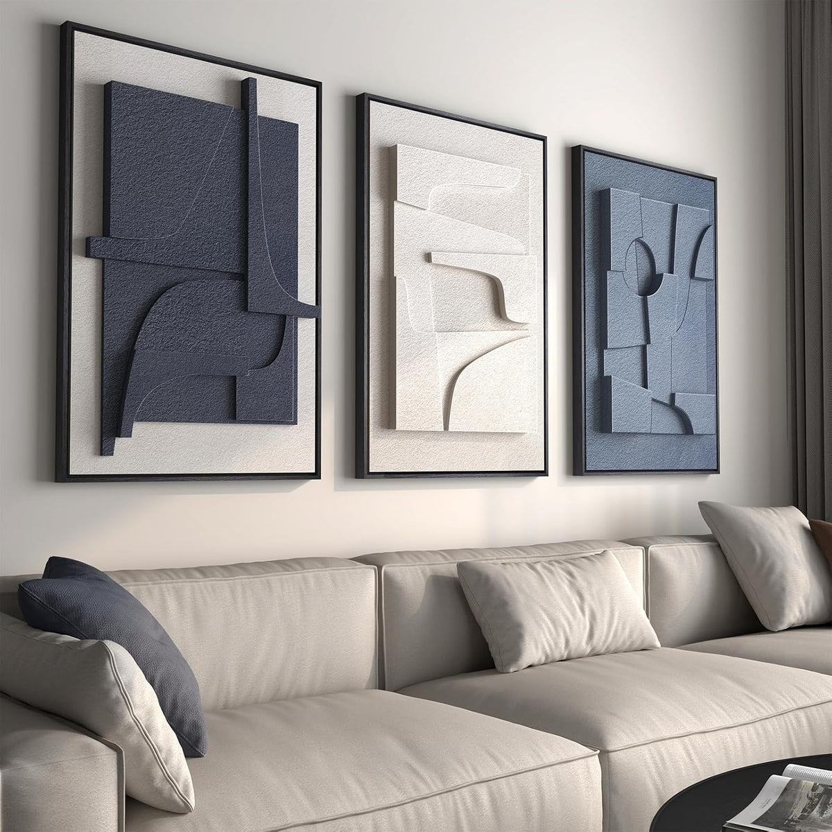 Large Framed Blue Abstract Wall Art for Living Room, Modern 3D Artwork