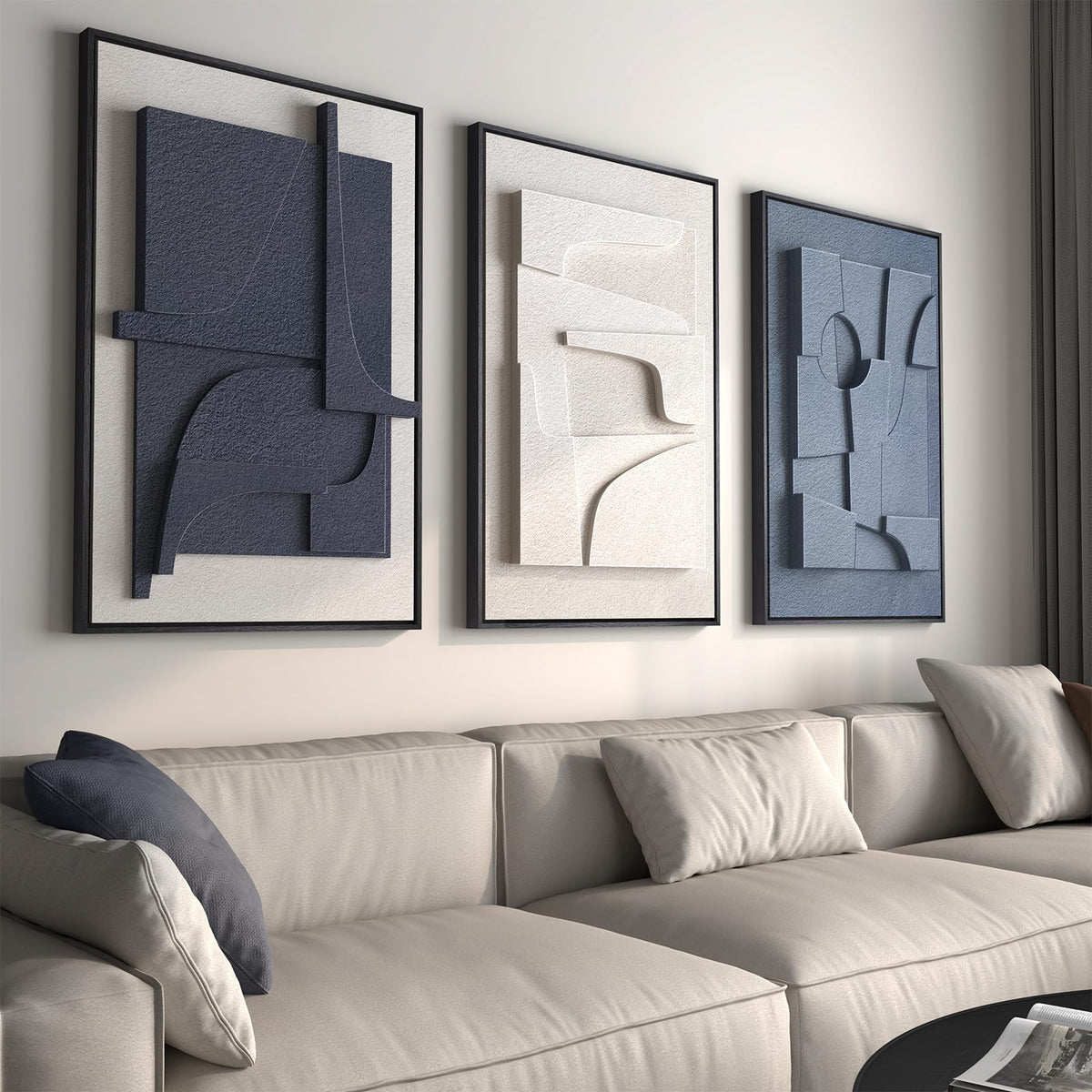 Large 3D Framed Abstract Wall Art Set, 3 Piece Modern Artwork for Walls