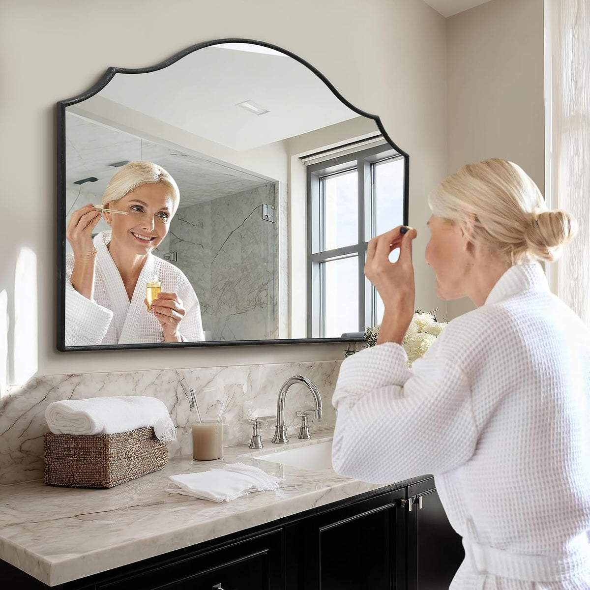 Besdomus Black Scalloped Wall Mirror: 40"x29" Large Wooden Bathroom Mirror