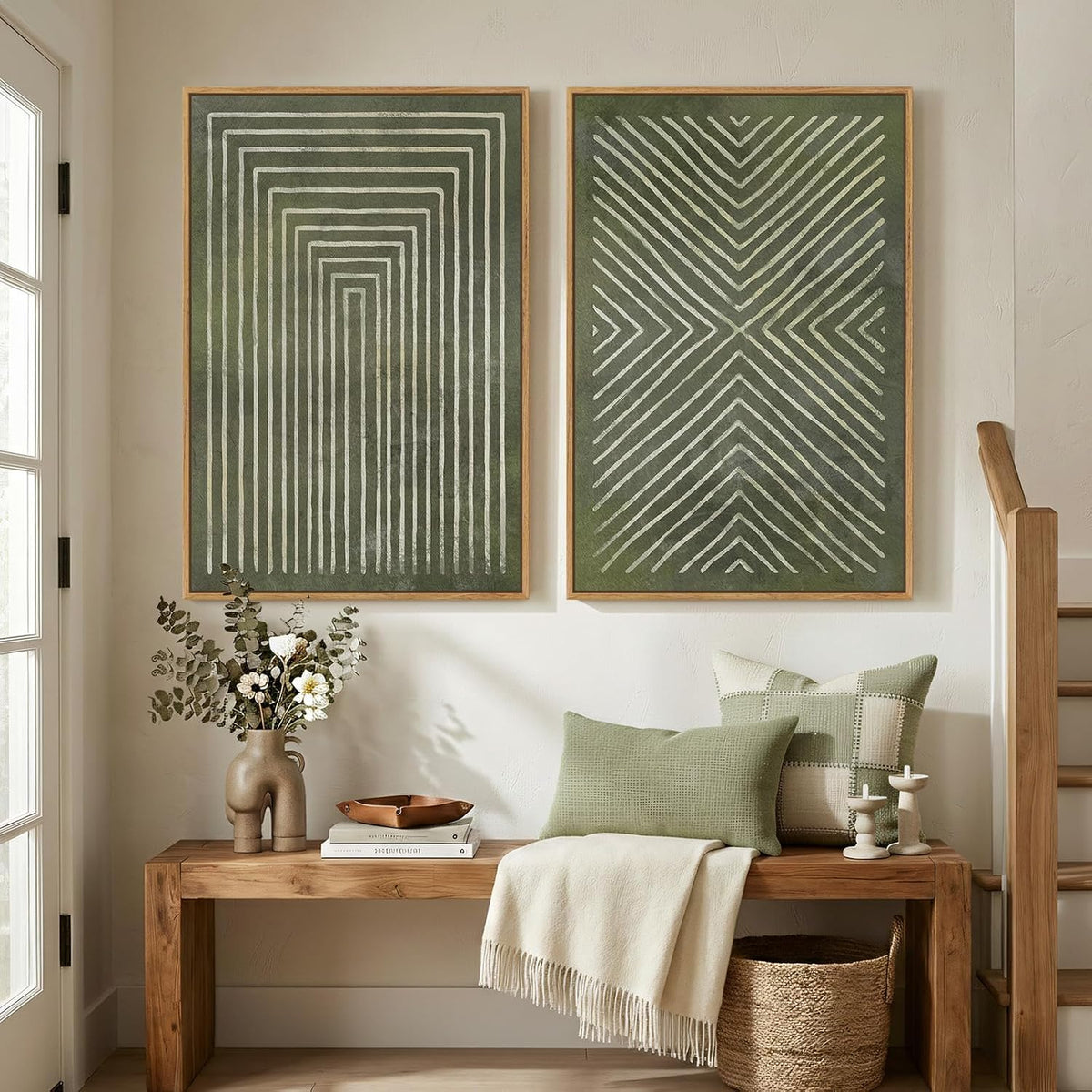 Large Framed Green Abstract Wall Art for Living Room Set of 2, 24x36 In