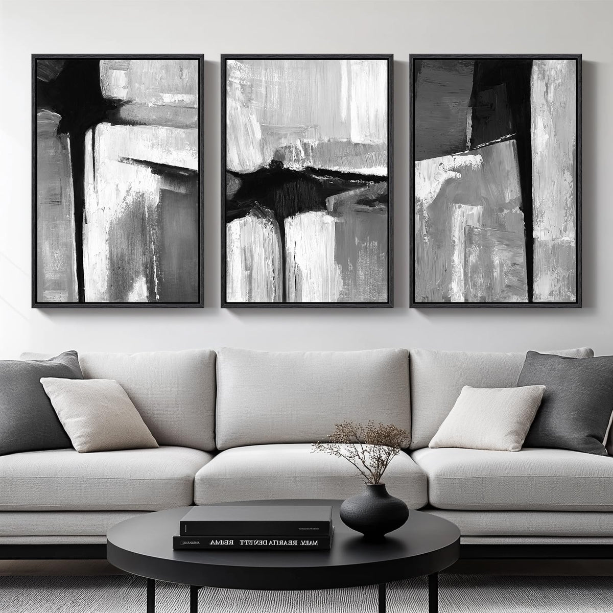 Large Framed Blue and Gray Abstract Wall Art for Living Room, 3 Piece 24x36