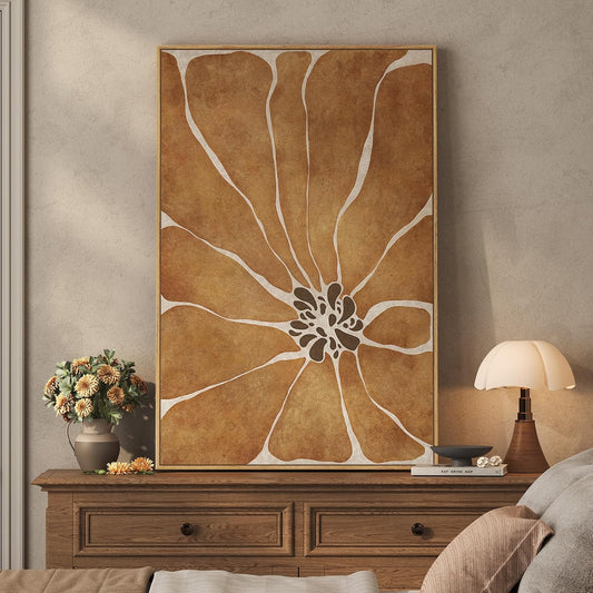 Large Framed Boho Abstract Brown Floral Wall Art for Living Room, 24x36 In