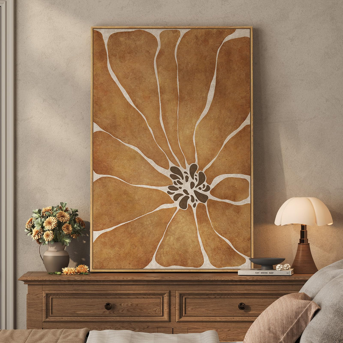 Large Framed Boho Abstract Brown Floral Wall Art for Living Room, 24x36 In