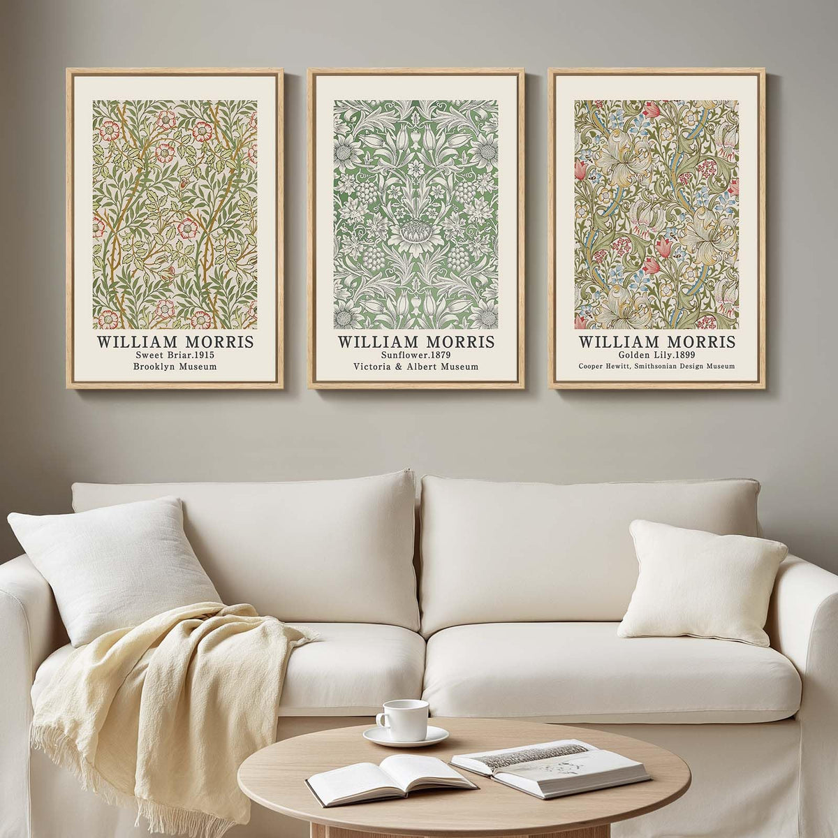 Framed Vintage William Morris Boho Canvas Wall Art for Living Room, 3 Piece