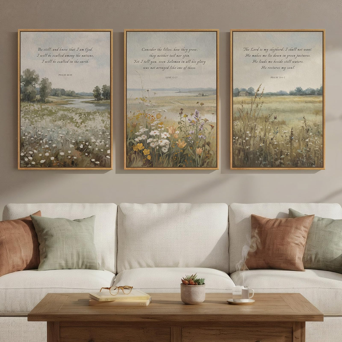 Framed Neutral Christian Jesus Canvas Wall Art for Living Room, 3 Piece