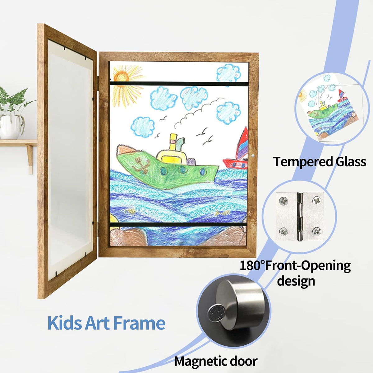 iRahmen Kids Art Frames 8.5x11 Set of 2 - Front Opening Childrens Picture Frame Changeable, Wood Artwork Display Storage for Wall Mount, Magnetic Door Holds 50 Art Pieces for Drawings, 3D Picture, Crafts, Portfolio, Brown