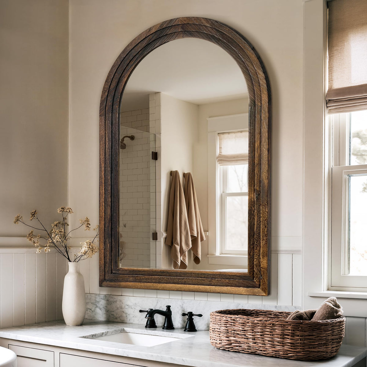 Arched Bathroom Mirror, 38"x26" Brown Wood Frame Wall Mirror