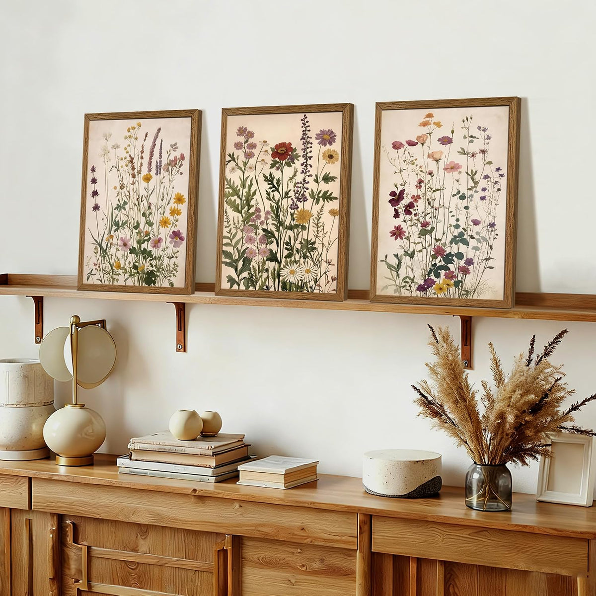 AVECCO 3 Piece Vintage Wildflower Botanical Framed Canvas Wall Art 12x16 in