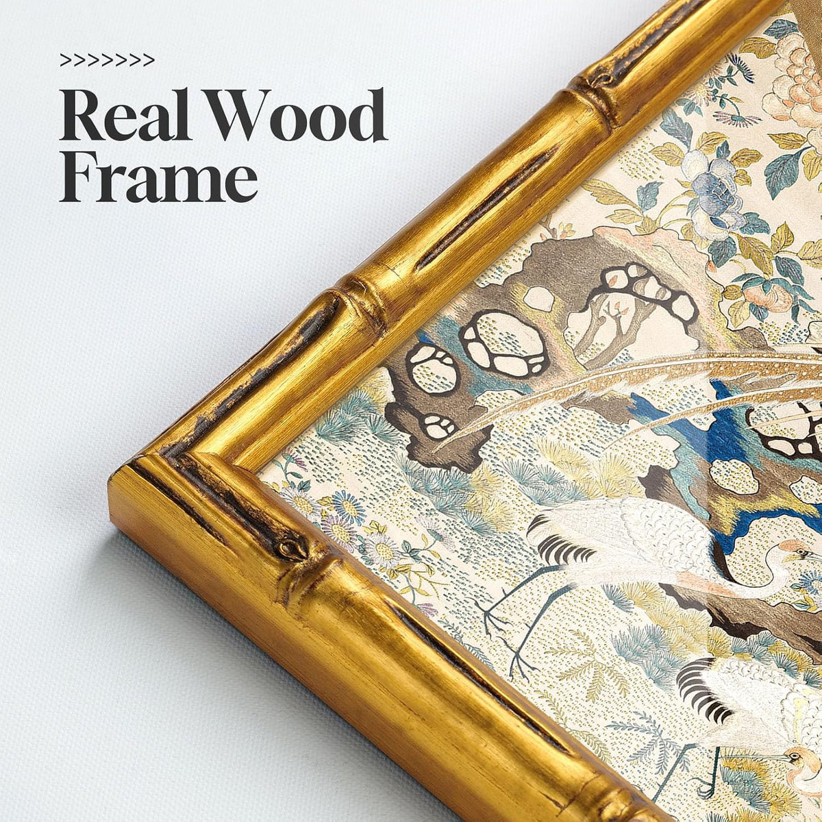 Vintage Gold Framed Chinoiserie Vertical Wall Art for Living Room, 20x40 In