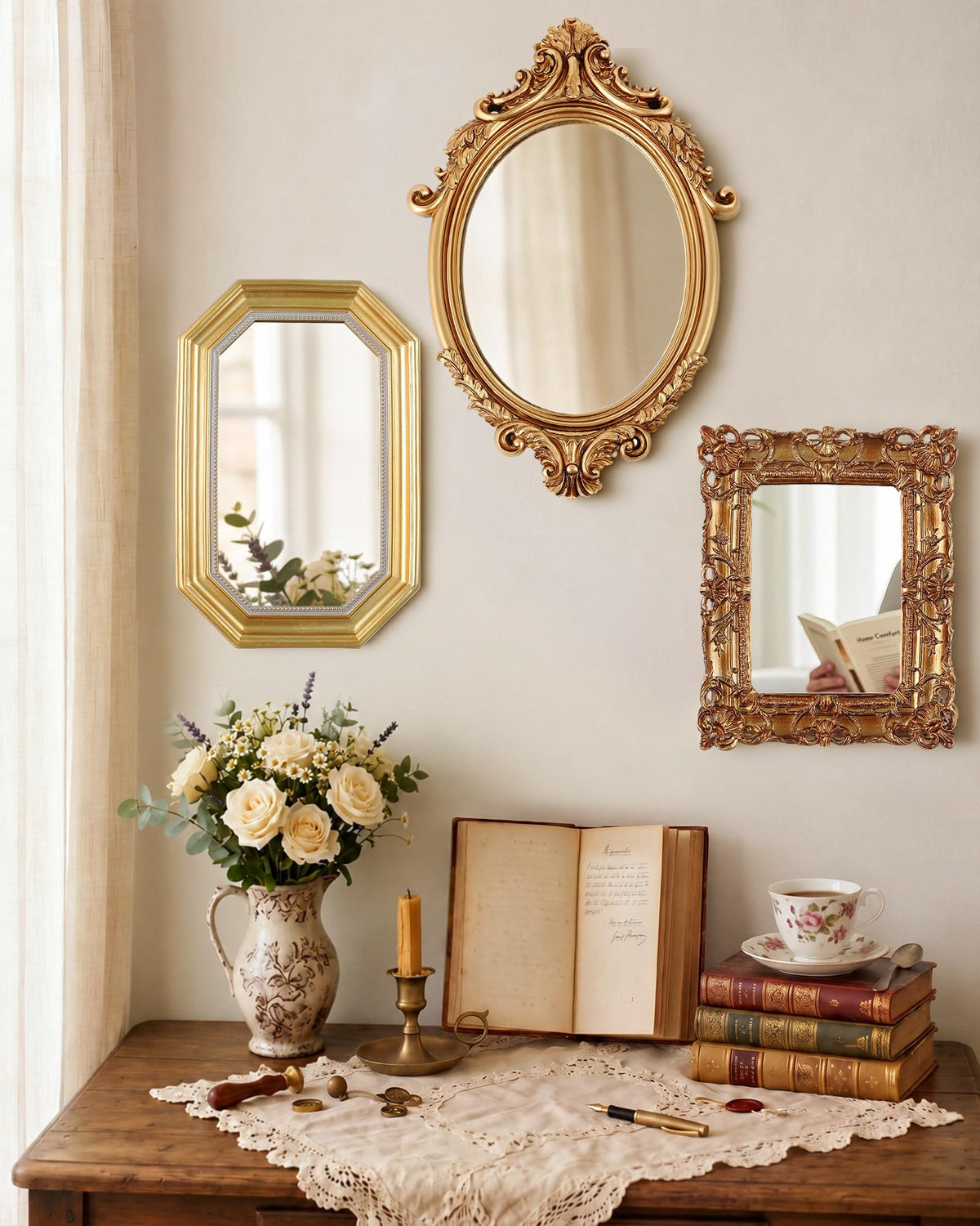 Wonderjune 3 Pcs Vintage Gold Wall Mirror Set, Classic Style