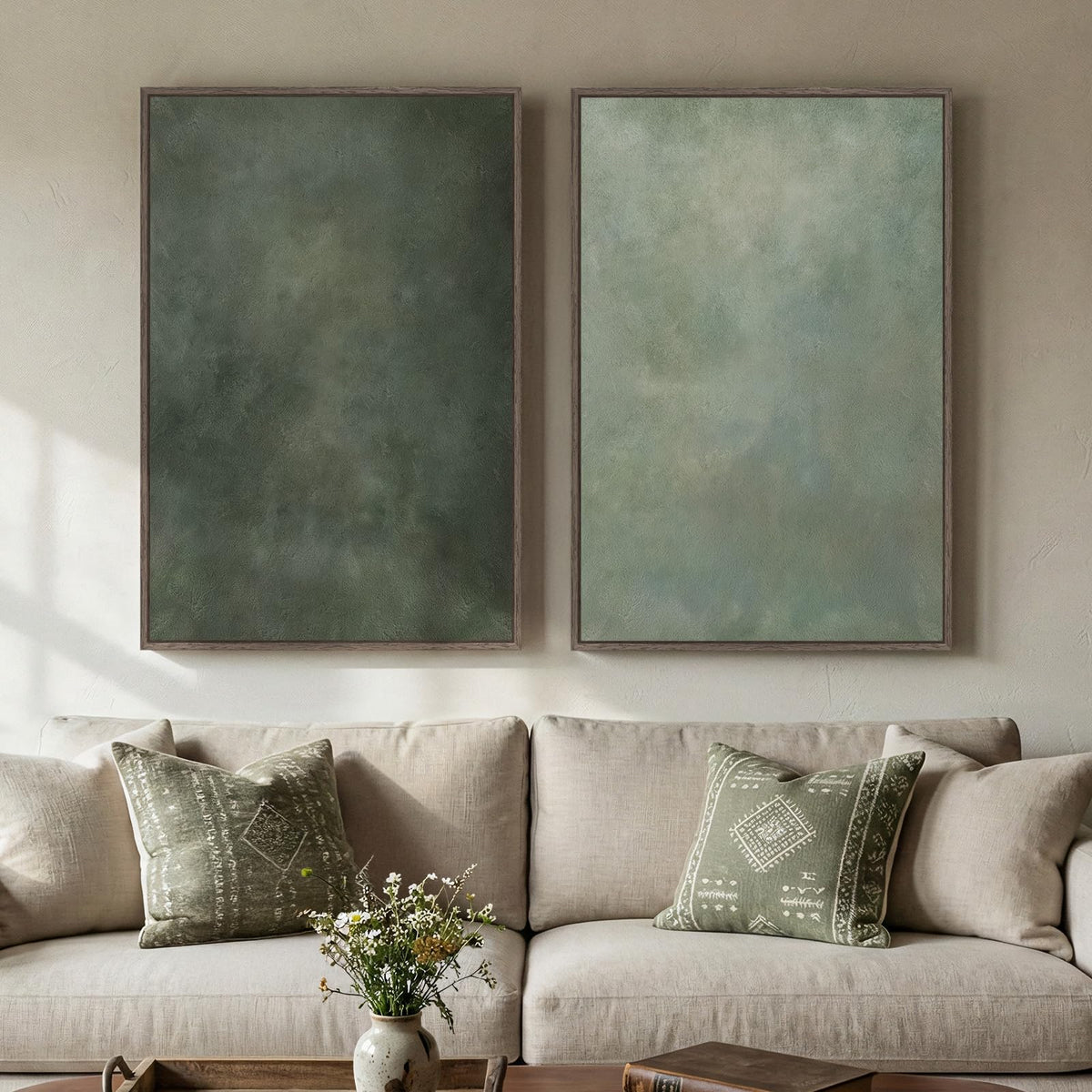 Large Framed Green Abstract Wall Art for Living Room Set of 2, 24x36 In