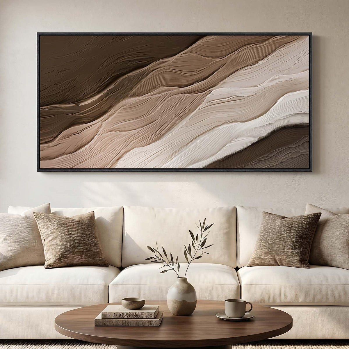 Large Framed Neutal Abstract Landscape Wall Art for Living Room, 60x30 In