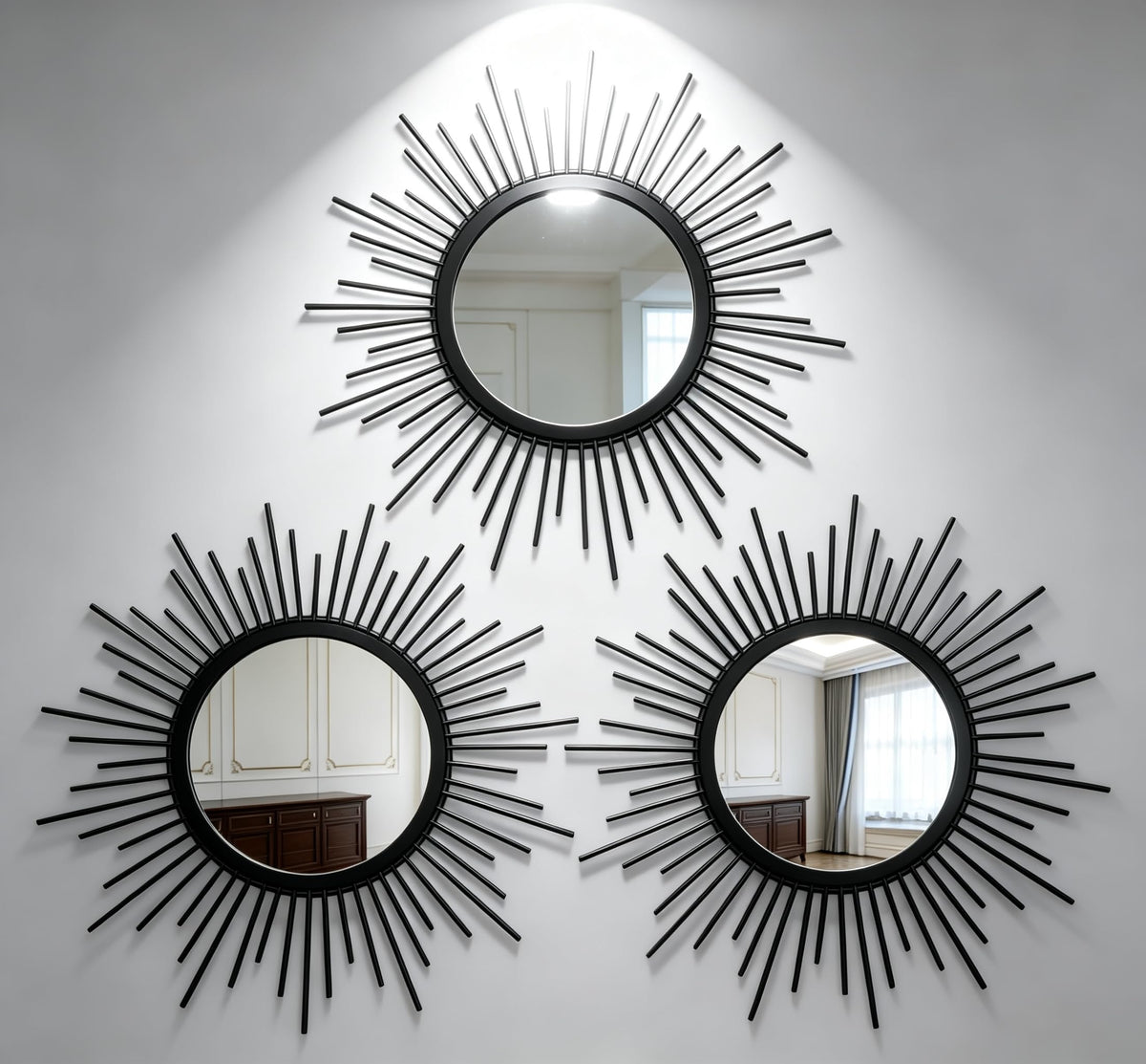 Boho Sunburst Wall Mirror Set of 3, 12 Inch Round Antique & Modern Metal Wall Art, Hanging Over The Door Mirrors for Wall Decor in Living Room, Bedroom, Bathroom, Entryway（Gold）