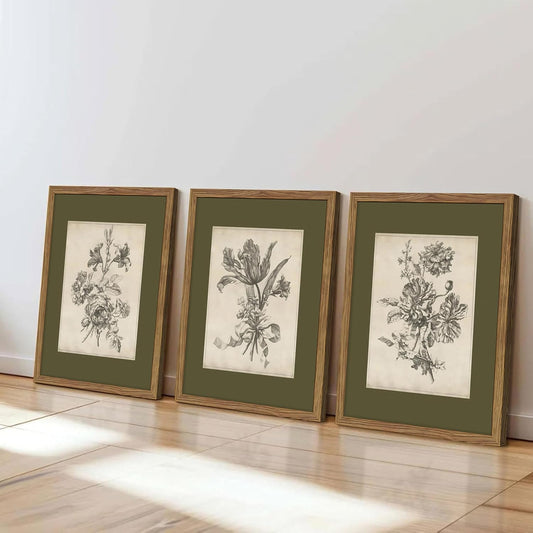 Vintage Floral Wall Art Set of 3, Sketch Sage Green Botanical Canvas Wall Decor Paintings, Retro Minimalist Flower Artwork Posters Prints Pictures for Living Room Bedroom Bathroom 12x16 Inch Framed