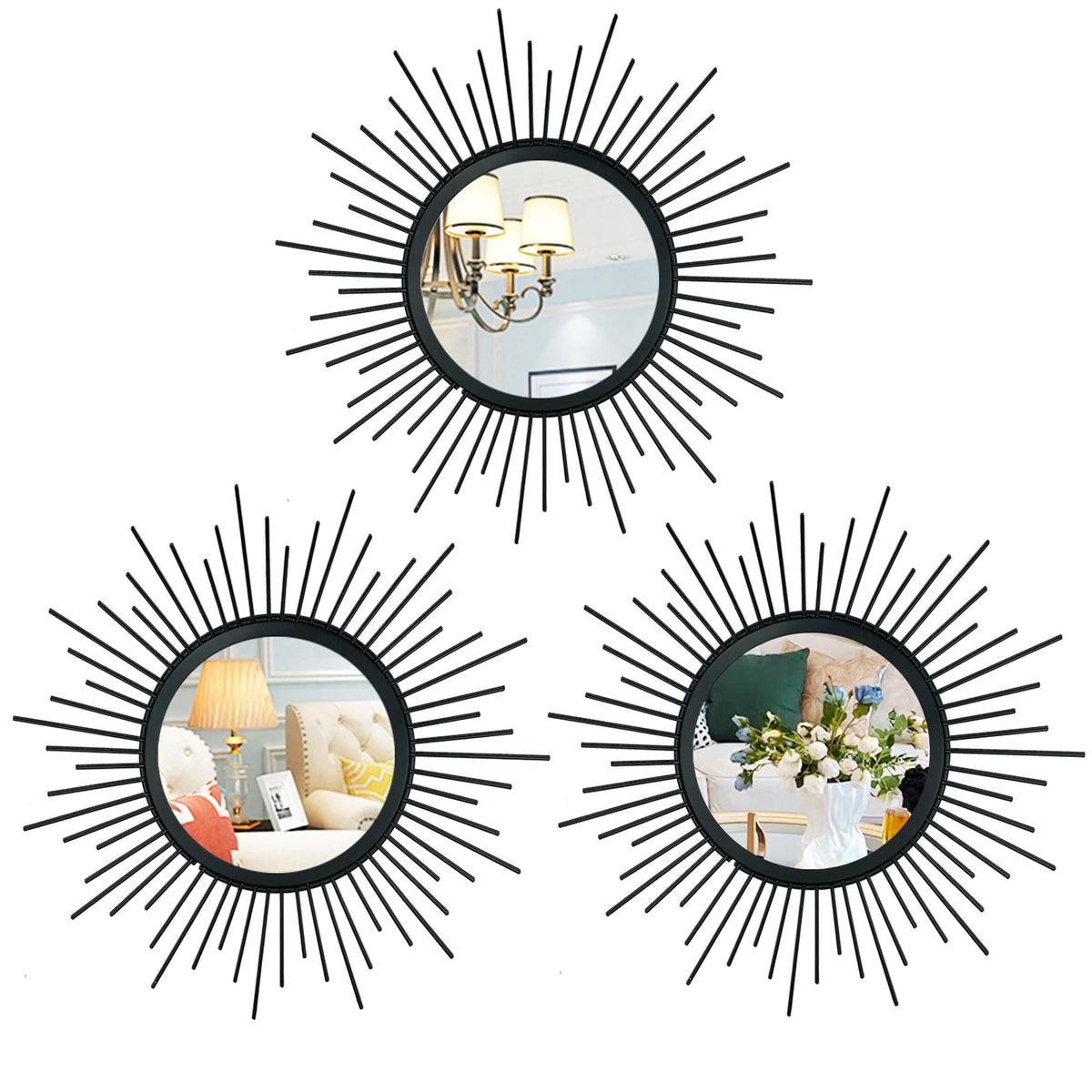 3 Pack Metal Mirrors for Wall Gold Sunburst Wall Mirror Home Decor Accent