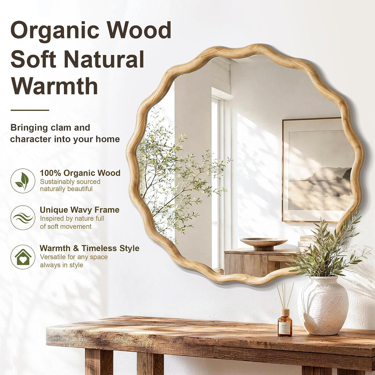 FICTOR Round Wood Wall Mirror, 36" Boho Wavy Circle Mirror